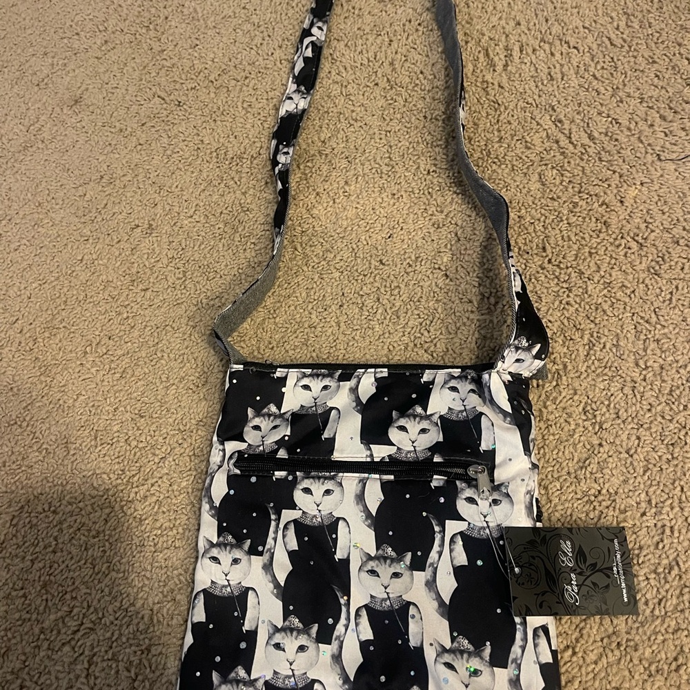 Paraella Black and White Cat Print Crossbody Bag